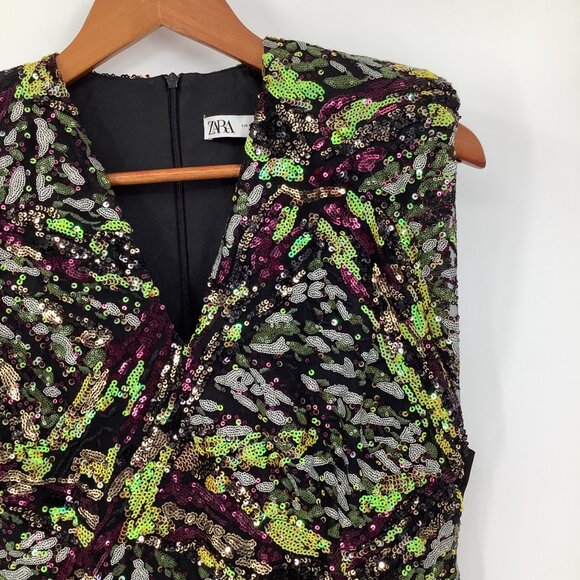 Zara Sequined Medium Mini Dress With V-Neckline Sleeveless Design Cocktail Party - Picture 2 of 8